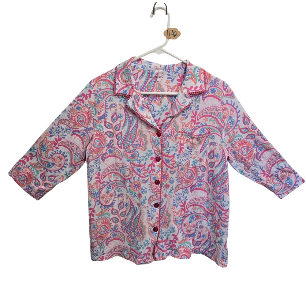Kim Rogers Intimates Pajama Set Womens Large Pink Blue Paisley Crop Pants 2pc L
